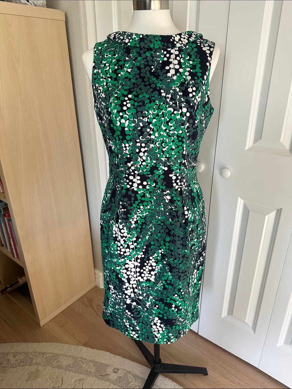 Boden Green & White Printed Sheath Dress 8R, navy lining